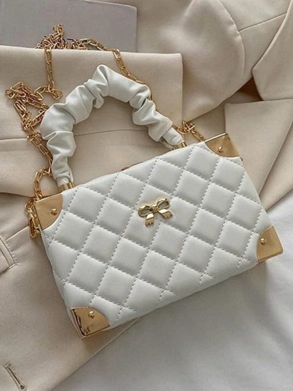 New Elegant Quilted White Top Handle Evening Bag with Gold Chain & Accents